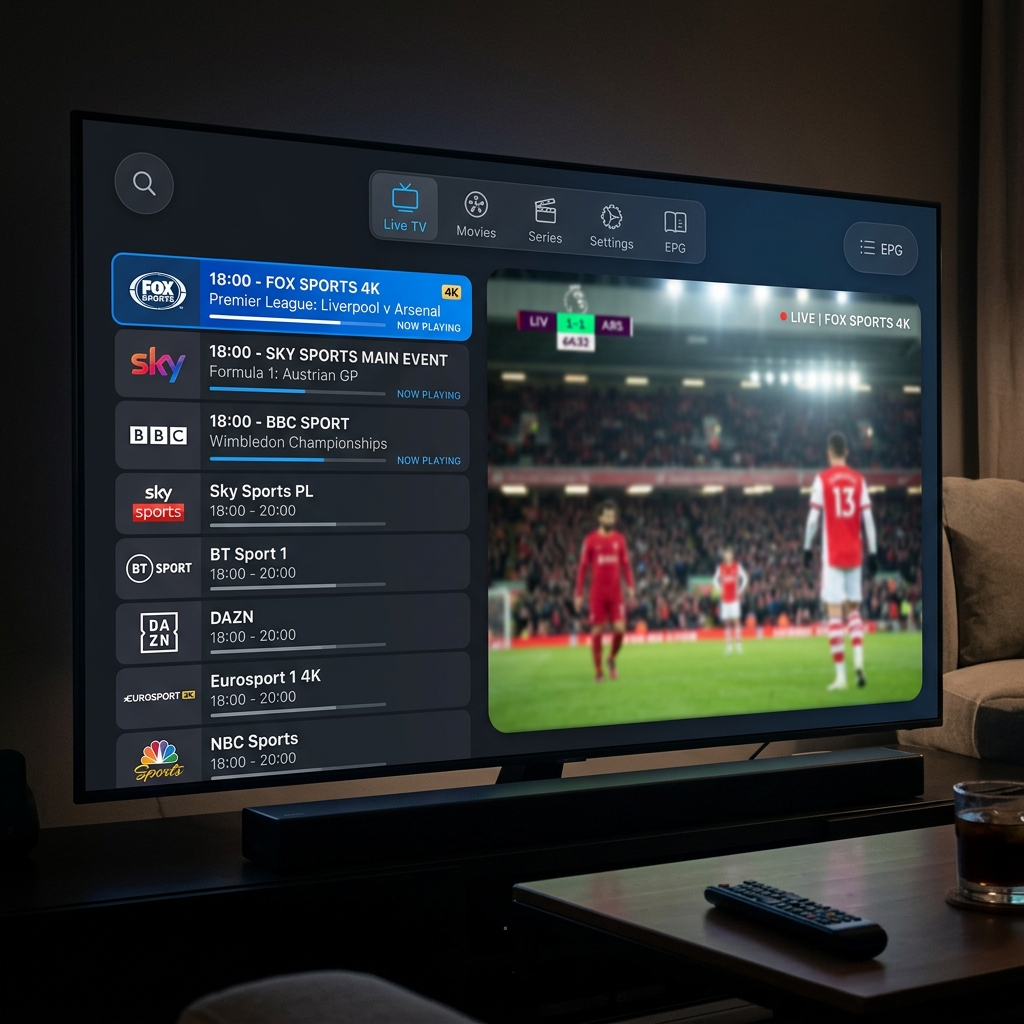 IPTV channel UI showing sports