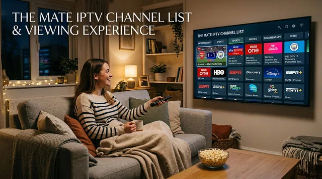 Organized digital TV channel guide displaying Live Sports and Movies on the Mate IPTV interface
