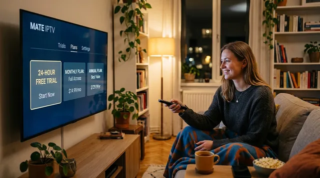 Mate IPTV pricing plans featuring a 1-month to annual subscription options and a 24-hour free trial button