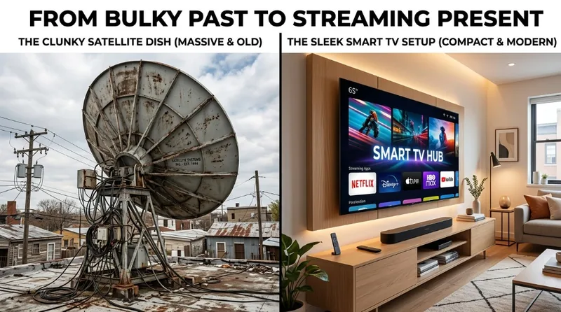 Side by side comparison showing a rusty, massive satellite dish on a roof versus a modern, sleek Smart TV living room setup
