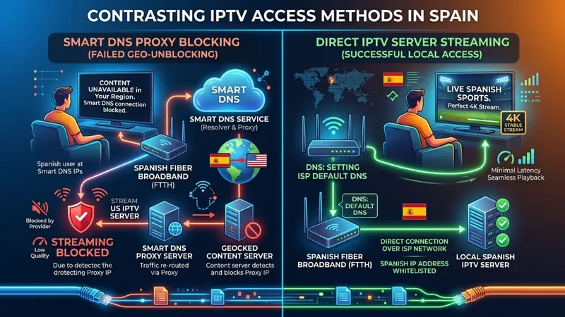 Comparison of Smart DNS proxy errors versus buffer-free IPTV streaming in Spain