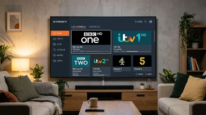 Clean, user friendly IPTV streaming app on a living room Smart TV displaying BBC One HD, ITV1 HD, and Channel 4 tiles