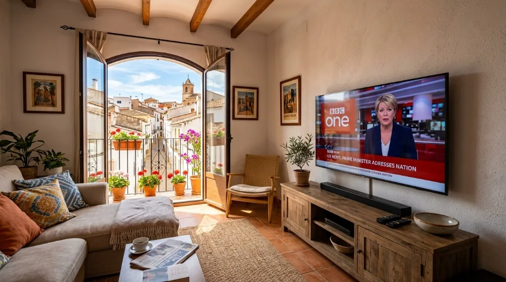 British television playing on a modern Smart TV in a sunny Spanish living room with no satellite dish outside